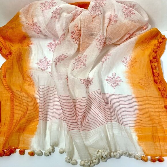 Roberta Roller Rabbit Womens Cotton Abstract Tassel Trim Scarf Orange 78X20" - Picture 1 of 3